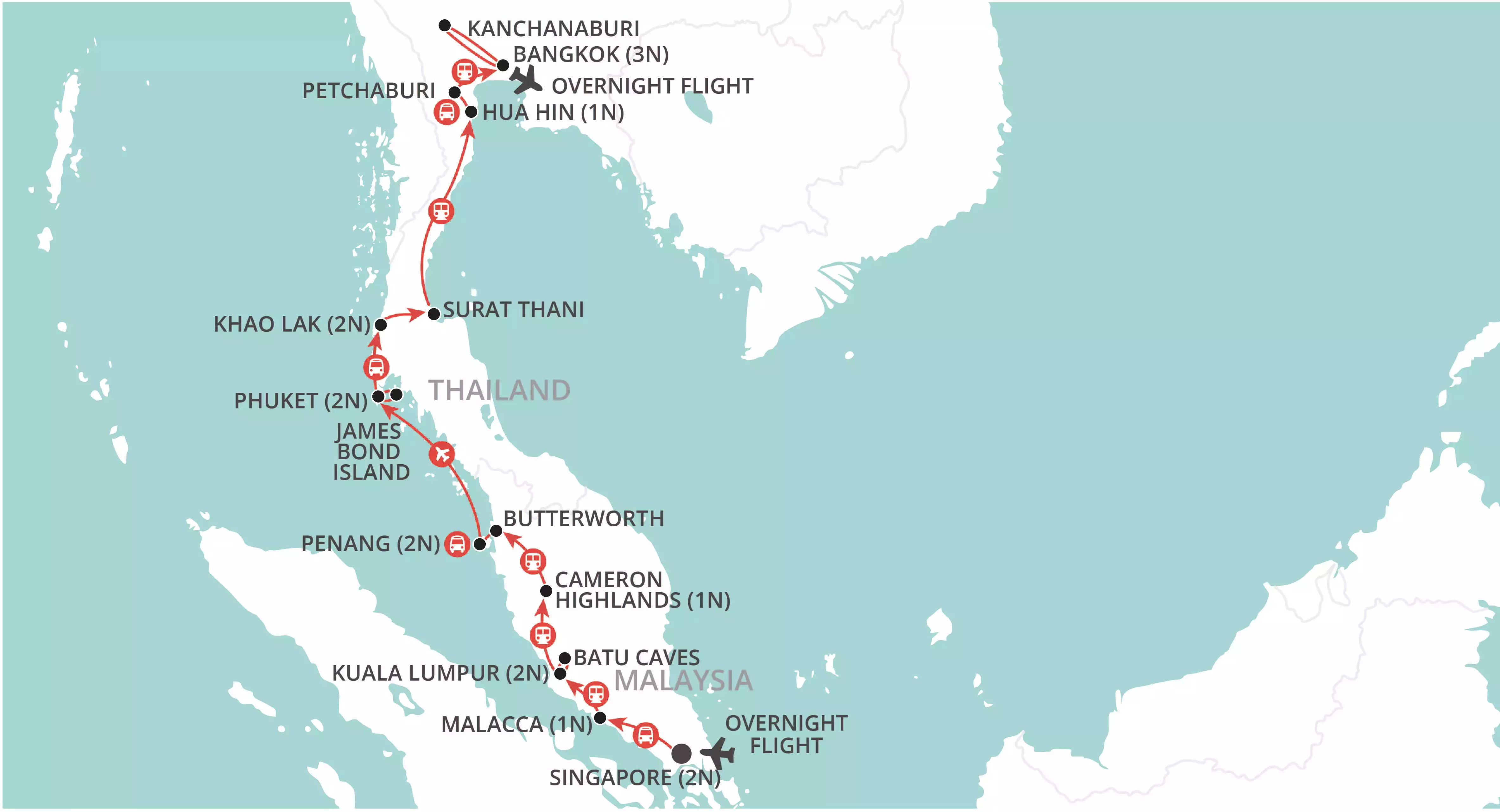 Singapore to Bangkok by Rail map