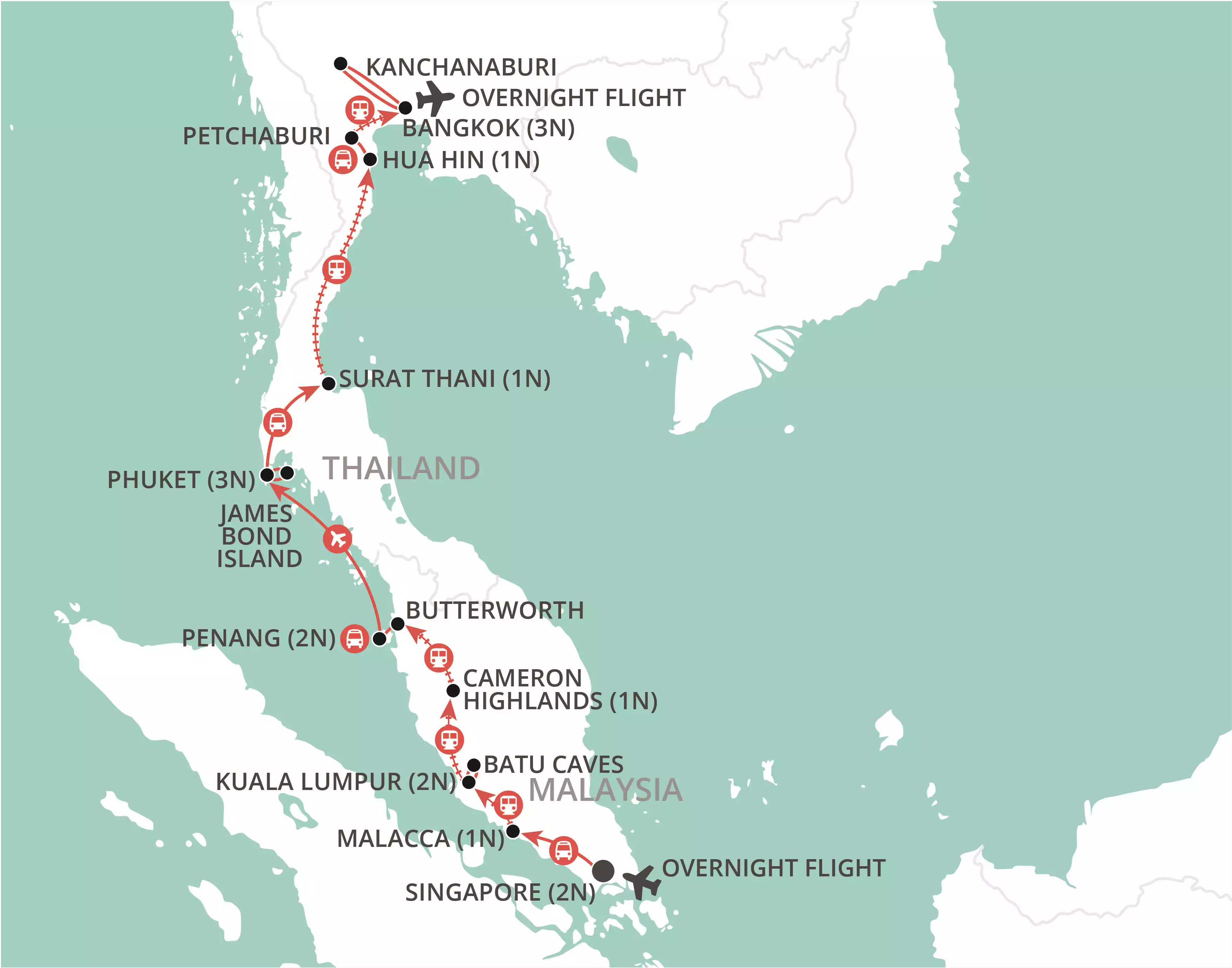 Singapore to Bangkok by Rail map