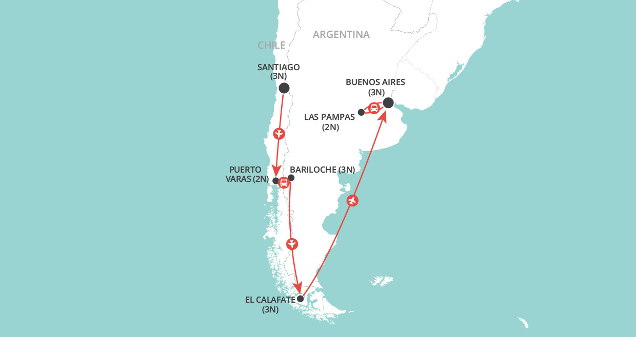 Landscapes & Lakes of Chile & Argentina map