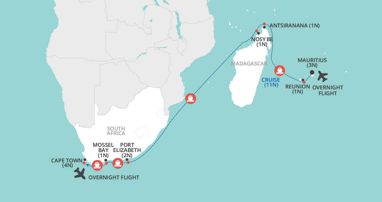 Mauritius, Madagascar & The Western Cape map