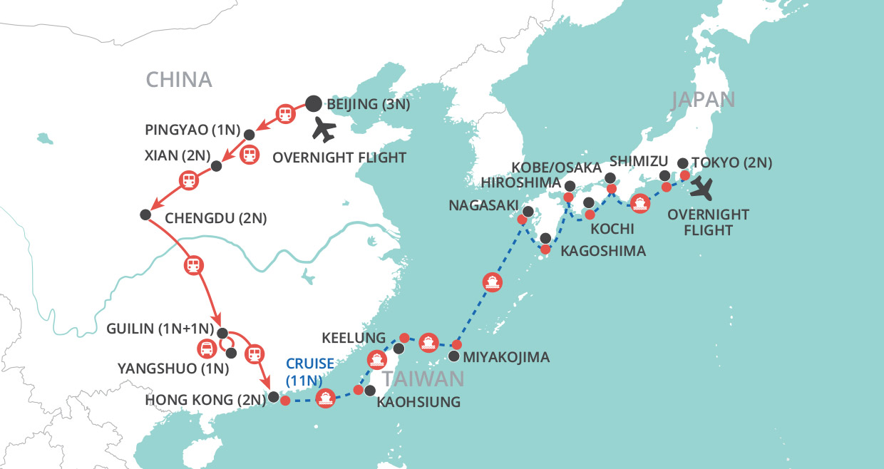 China by Rail, Japan by Sea map