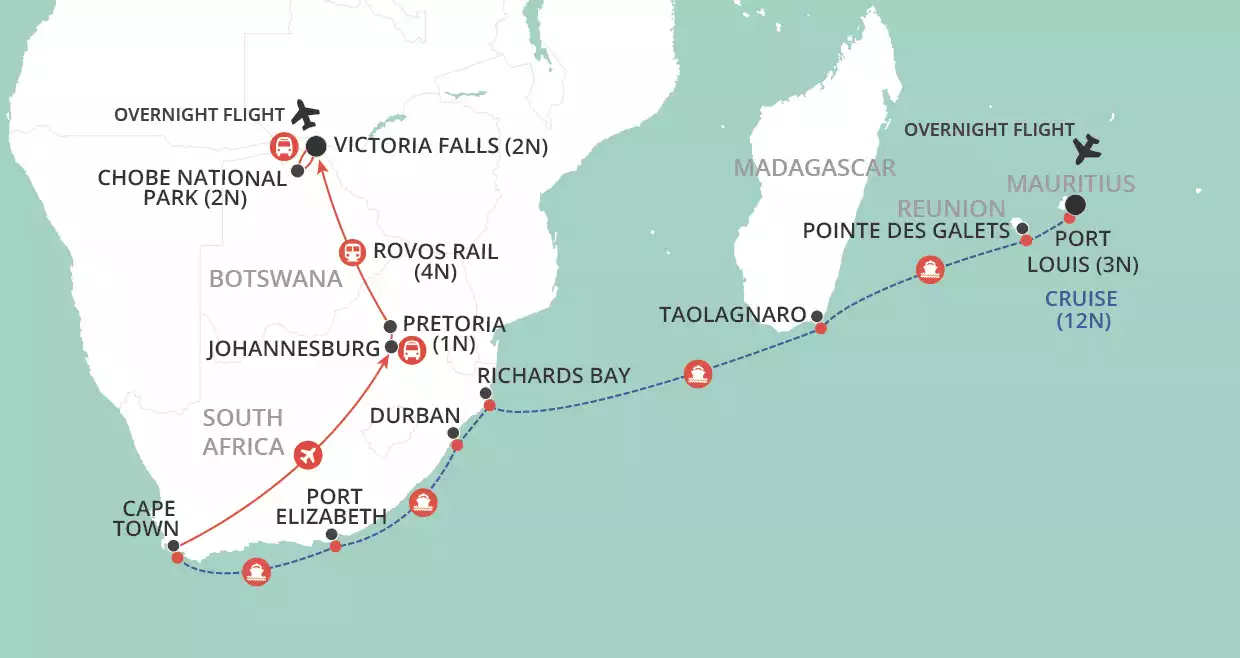 Ultimate Africa: Ocean, Rail & Safari map