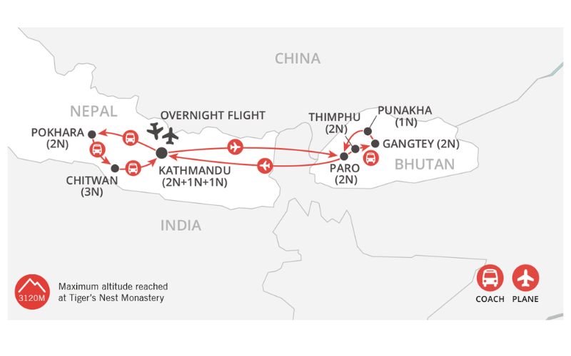 Wonders of Nepal & Bhutan map