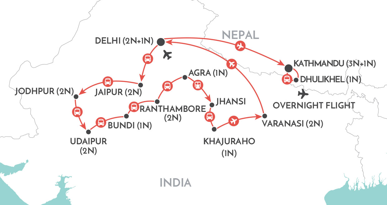 Highlights of India & Nepal map